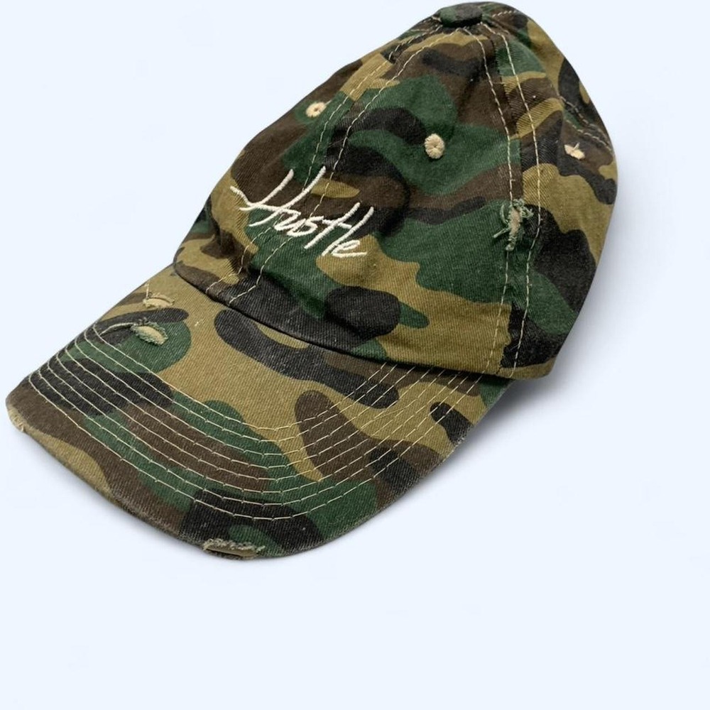 Distressed Camo "Hustle" Dad Hat - Vintage Streetwear Adjustable Cap